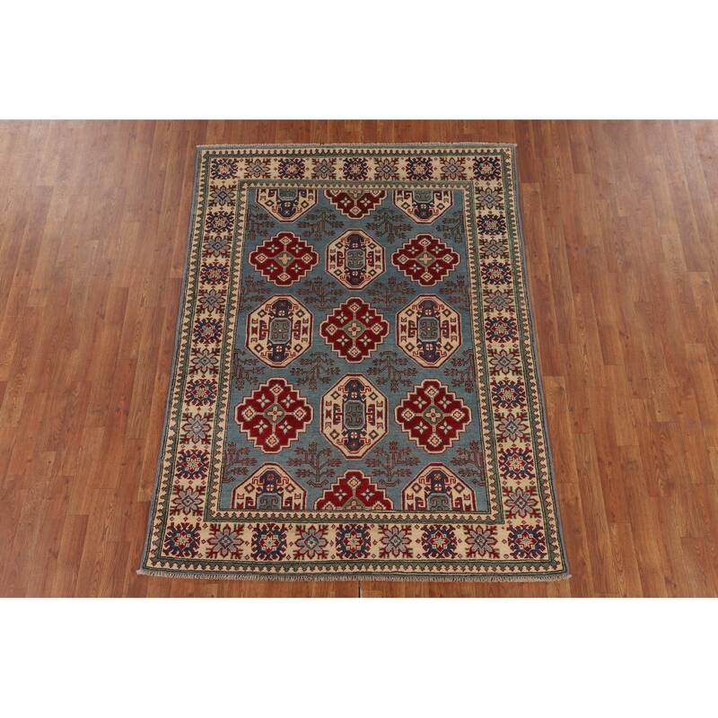 Light Blue Geometric Kazak Rug Hand-Knotted Oriental Wool Carpet - 4'11" x 6'8"