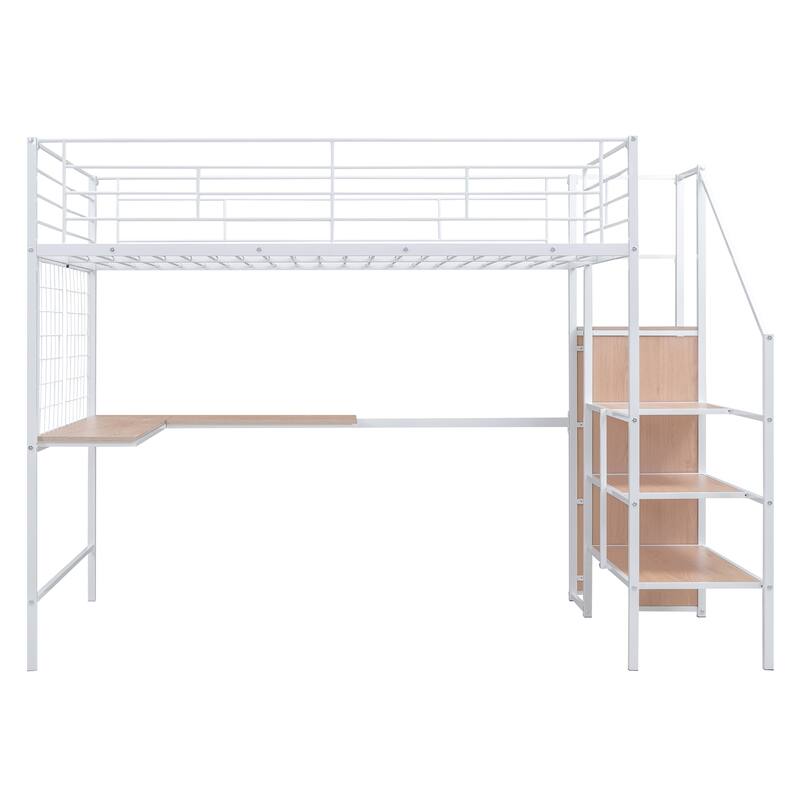 Twin/Full Size Metal Loft Bed with Lateral Storage Ladder, Desk, Wardrobe, and Metal Grid, Modern Style - Black/White