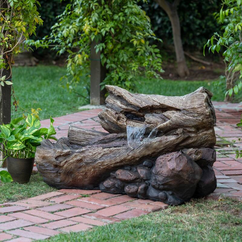 Alpine Corporation WIN256 24" Outdoor 2 Tier Fallen Tree Trunk Water Fountain with LED Lights