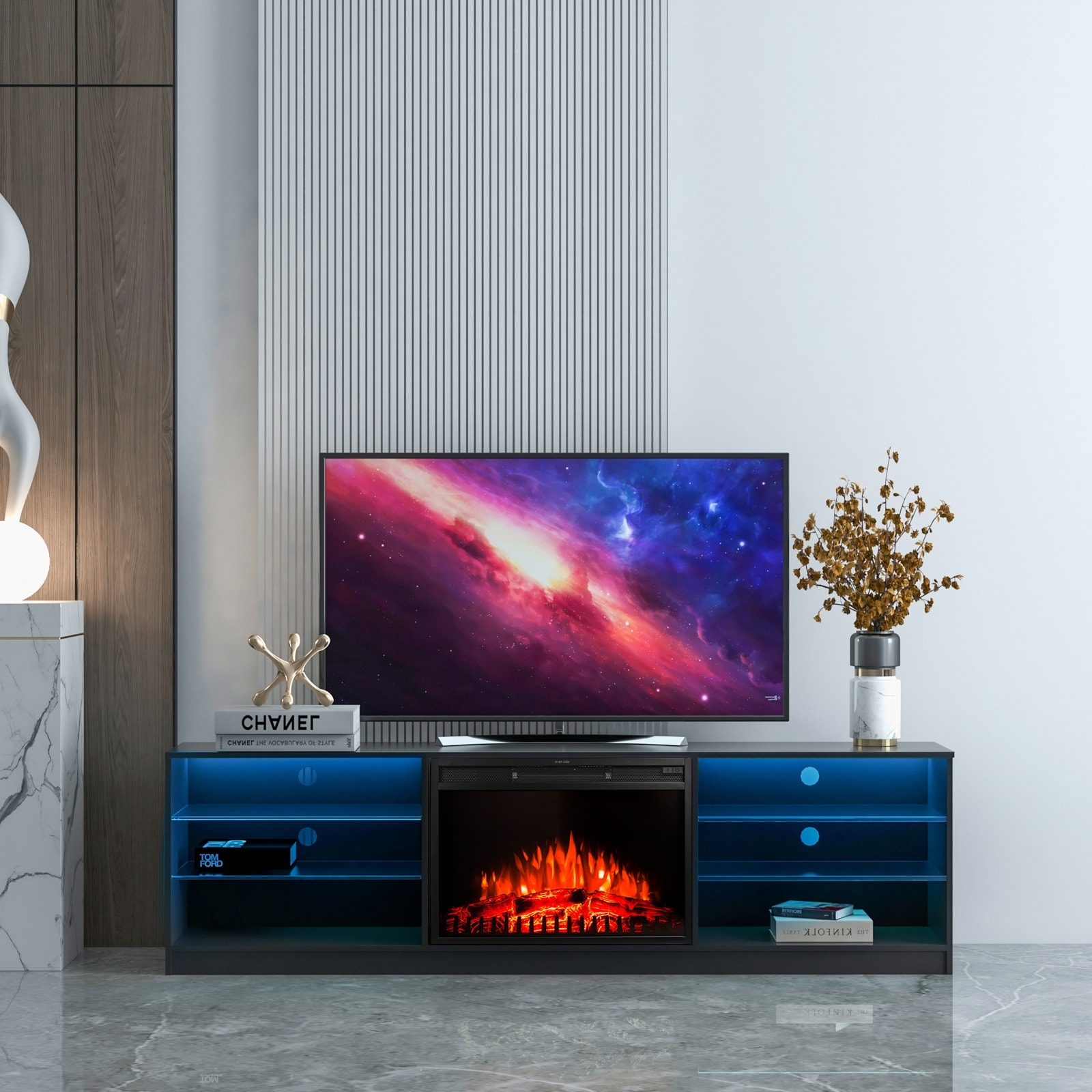 GEROJO Black Modern TV Stand with Electric Fireplace, Ample Storage