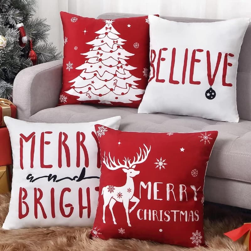 18x18 inch Soft Velvet Set of 4 Christmas Decorations Pillow Covers, Pillow Case - Red