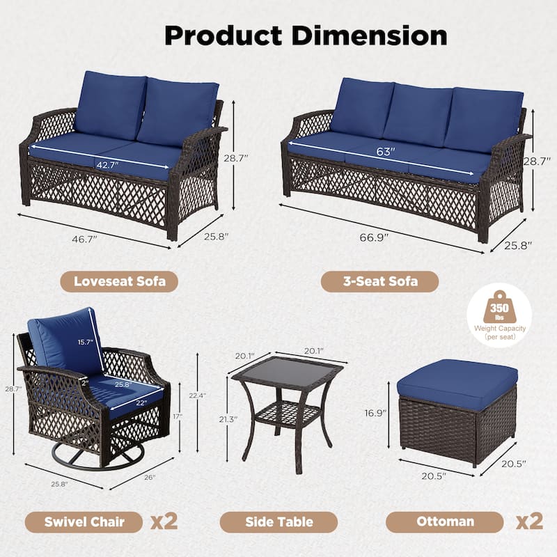 Outdoor Wicker Patio Set w Swivel Chairs & Sofa, Ottomans and Tables, Modular 3/5/6/7-Piece, All-Weather Conversation Set.