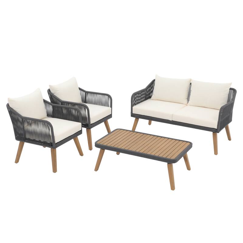 Outdoor 4 Pieces Rope Conversation Set with Cushions