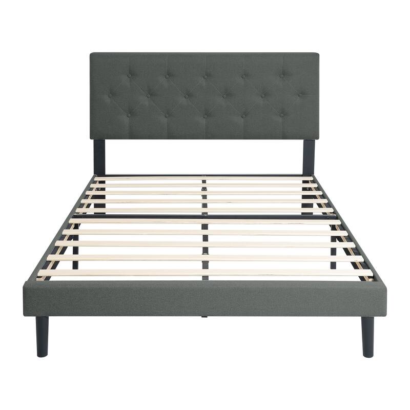 Twin Size Upholstered Platform Bed Frame with Modern Button Tufted Linen Headboard, No Box Spring Needed, Wood Slat Support