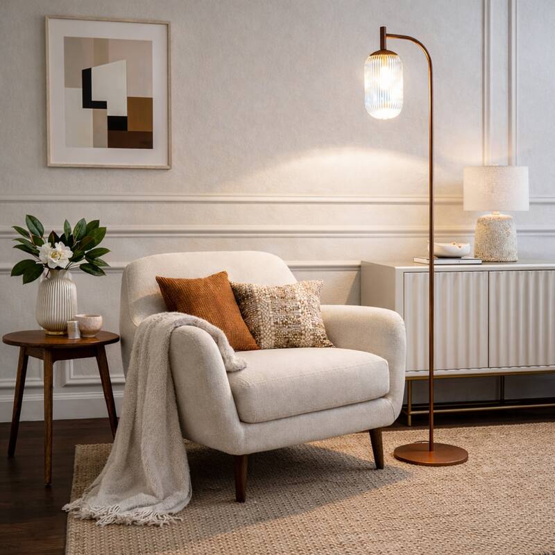 Emily Bronze Arched Floor Lamp with Ribbed Glass Shade