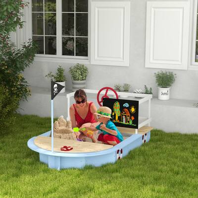 Blue Pirate Ship Kids Sandbox with Seats Storage and Fir Wood Construction for Ages 3 to 7 Years - 68" L x 44" W x 39.25" H