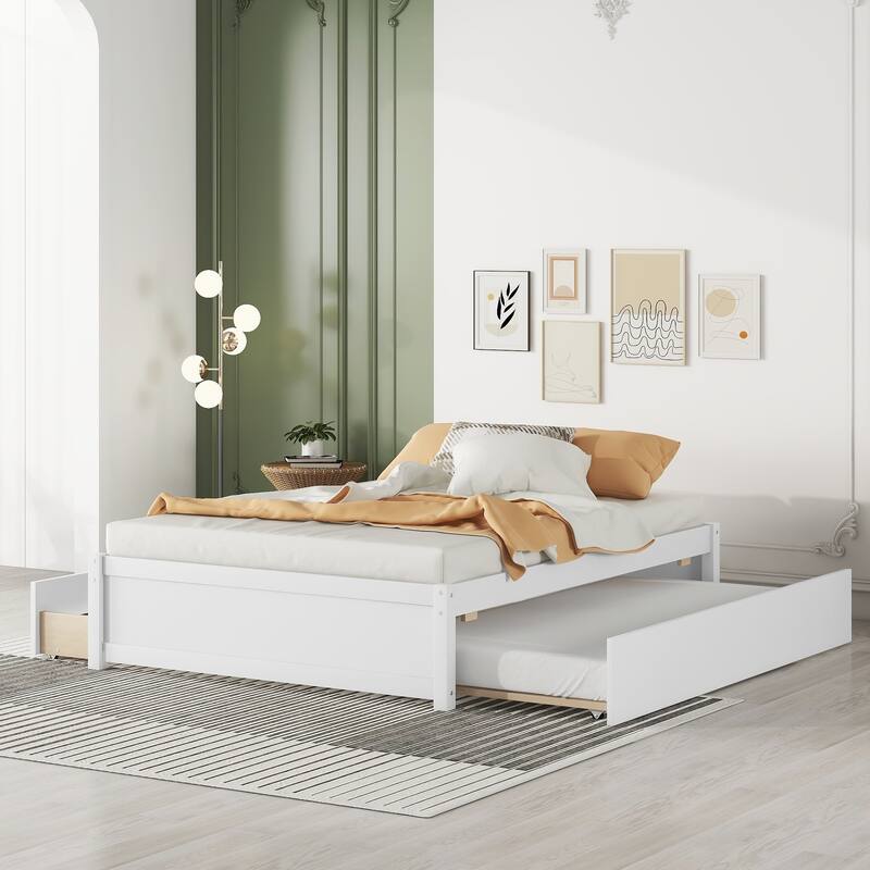 Solid Wood Captain Bed with Trundle and Drawers - Full Size Bed with Modern Design