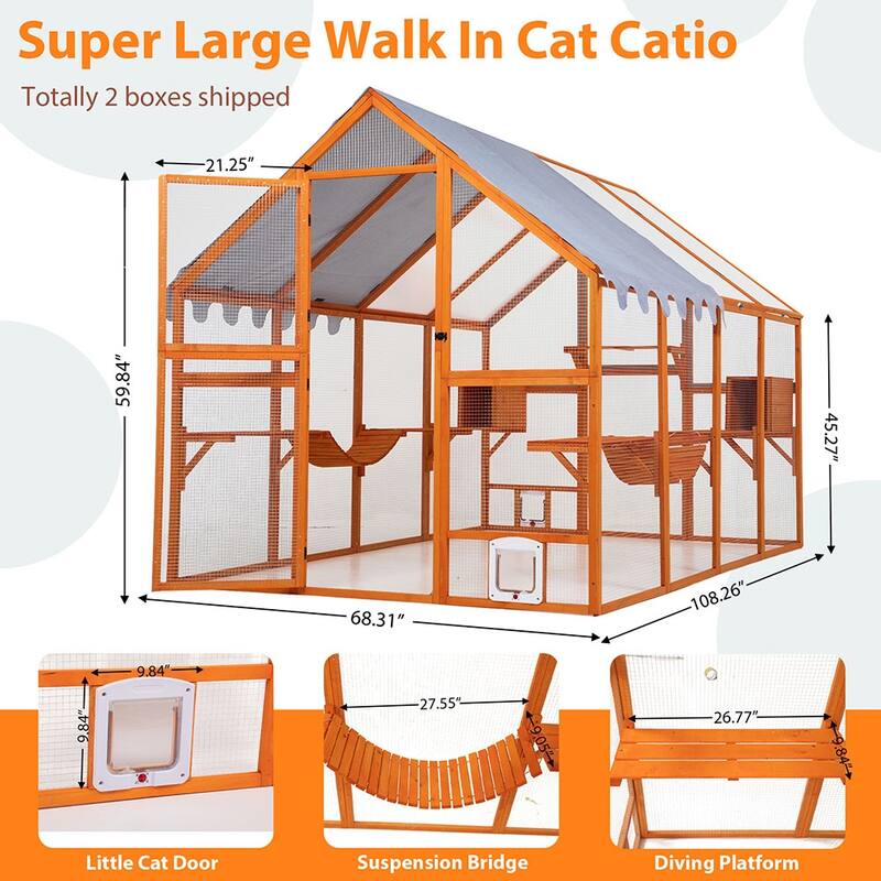 Wooden Cat Cage, Outdoor Large Cat Playpen with Platforms