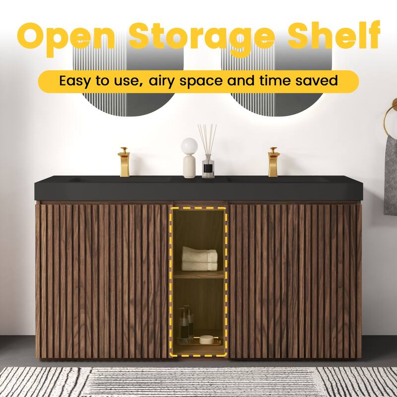 GDFStudio - Galan 60" Freestanding Bathroom Vanity with Quartz Sink, Solf Close Doors, Open Storage Shelf, NO Drain & Faucet