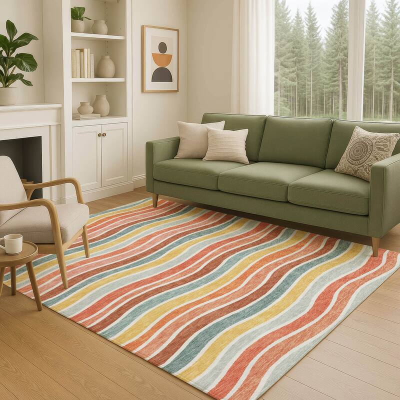 Machine Washable Indoor/ Outdoor Contemporary Stripe Chantille Rug