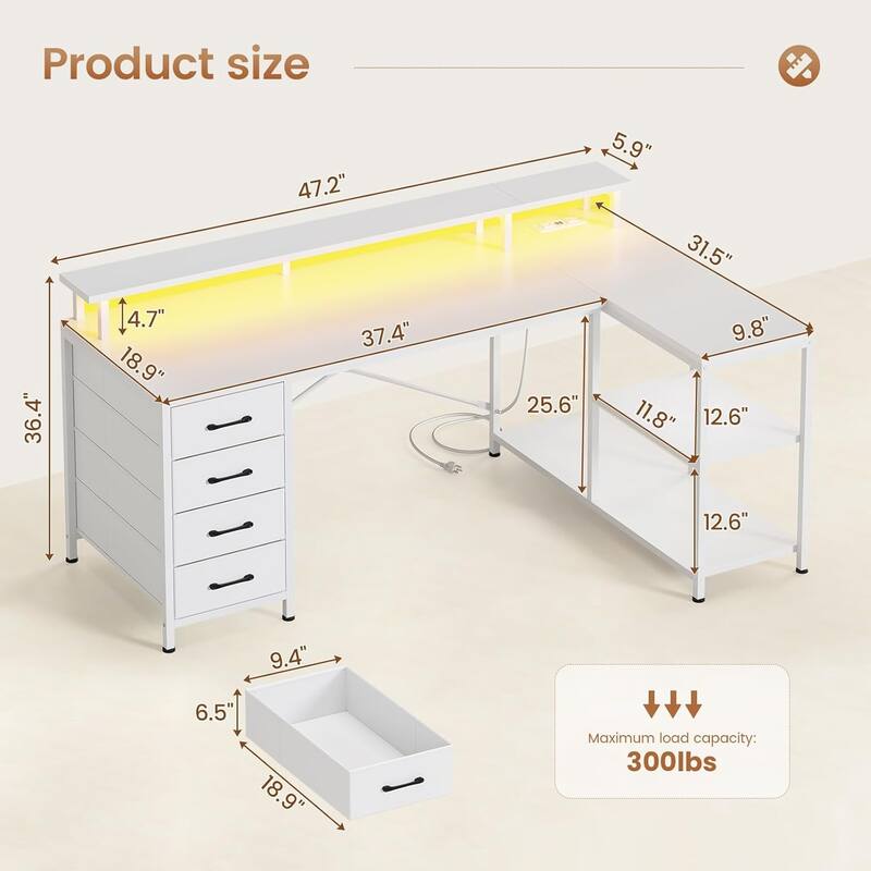 L Shaped Desk with 4 Drawers and Storage Shelves Gaming Desk