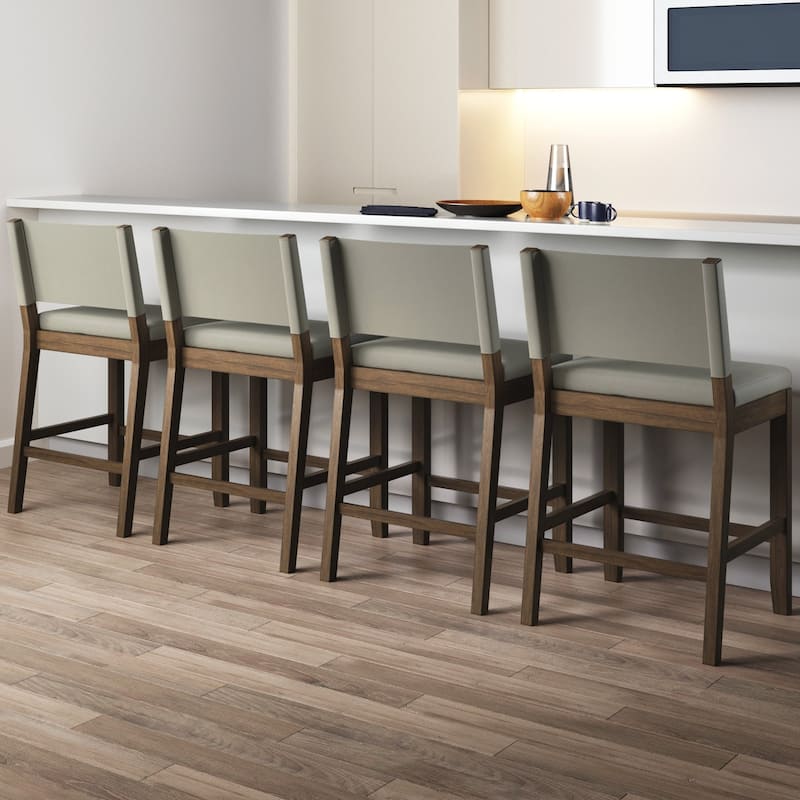 Nathan James Linus Modern Upholstered Bar Stool with Back and Solid Rubberwood Legs - Set of 4 - Light Gray/Dark Brown - Counter Height - 23-28 in.