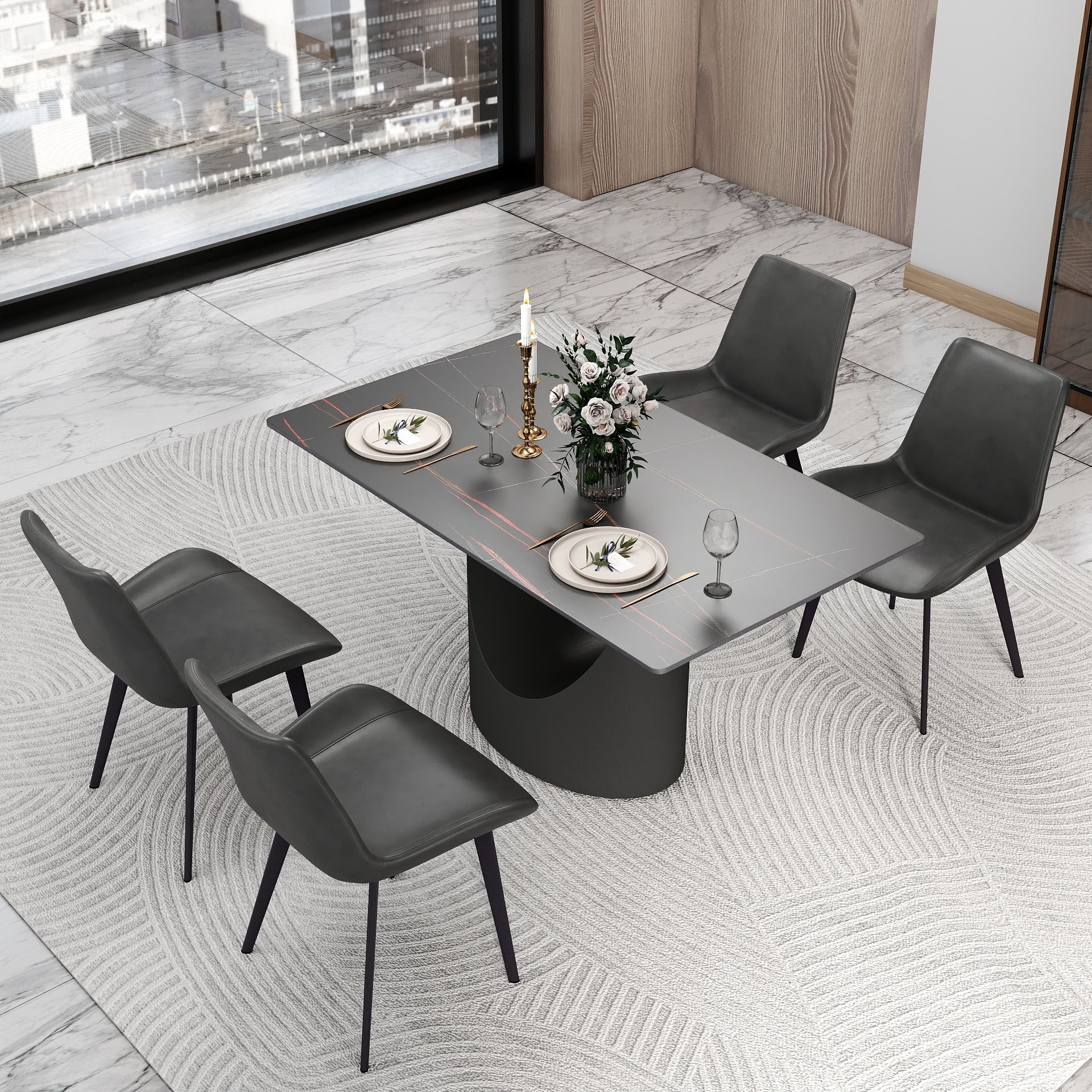 55 inch Dining Table for 4, Modern Sintered Stone Dining Room Table, Rectanglur Kitchen Table with Solid Carbon Steel Base