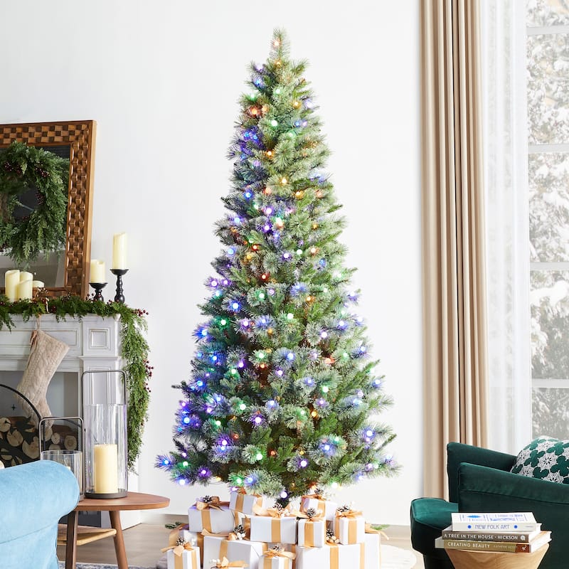 Glitzhome 7.5ft/9ft Pre-Lit Green Slim Pine Artificial Christmas Tree with Foot Pedal & Remote Control
