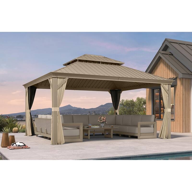 PURPLE LEAF Outdoor Hardtop Gazebo Pro Champagne Metal Frame Galvanized Steel Double Roof with Curtains and Netting for Poolside - 13' x 15' - Champagne Pro with Light