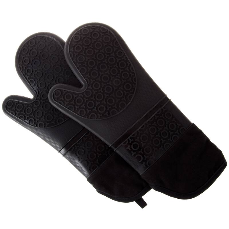 Silicone Oven Mitts – Extra Long Quality Heat Resistant with Quilted Lining and 2-sided Textured Grip by Windsor Home - Black
