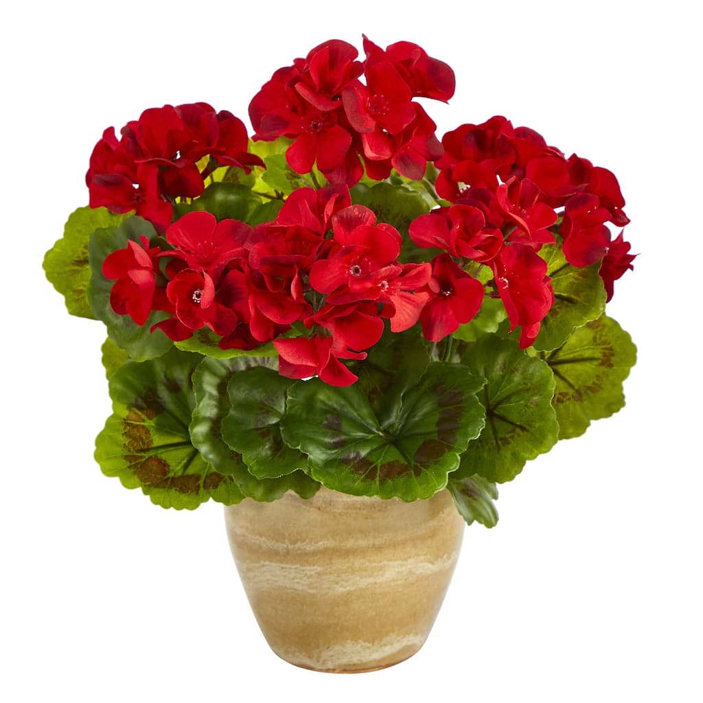 Artificial Plant with Planter 11 Inch Indoor Outdoor Decor Silk Flowers & Green Leaves Home Accent - Red