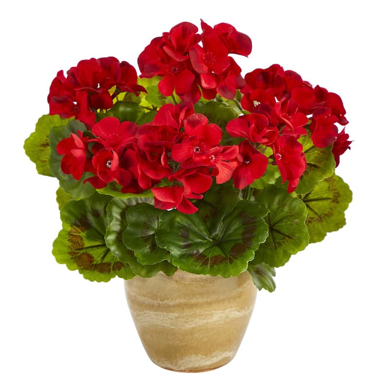 Artificial Plant with Planter 11 Inch Indoor Outdoor Decor Silk Flowers & Green Leaves Home Accent - Red
