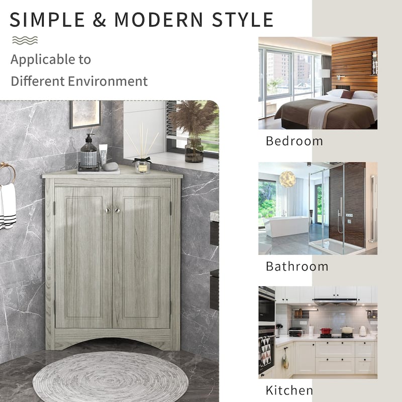 Triangle Bathroom Storage Cabinet with Adjustable Shelves, Corner Cabinet Oak Medicine Cabinet with 2 Doors