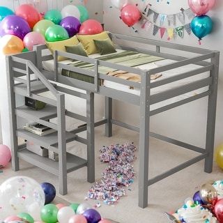 Modern Full Size Loft Bed With Built-in Storage Staircase And Hanger For Clothes,Shelves for Bedroom