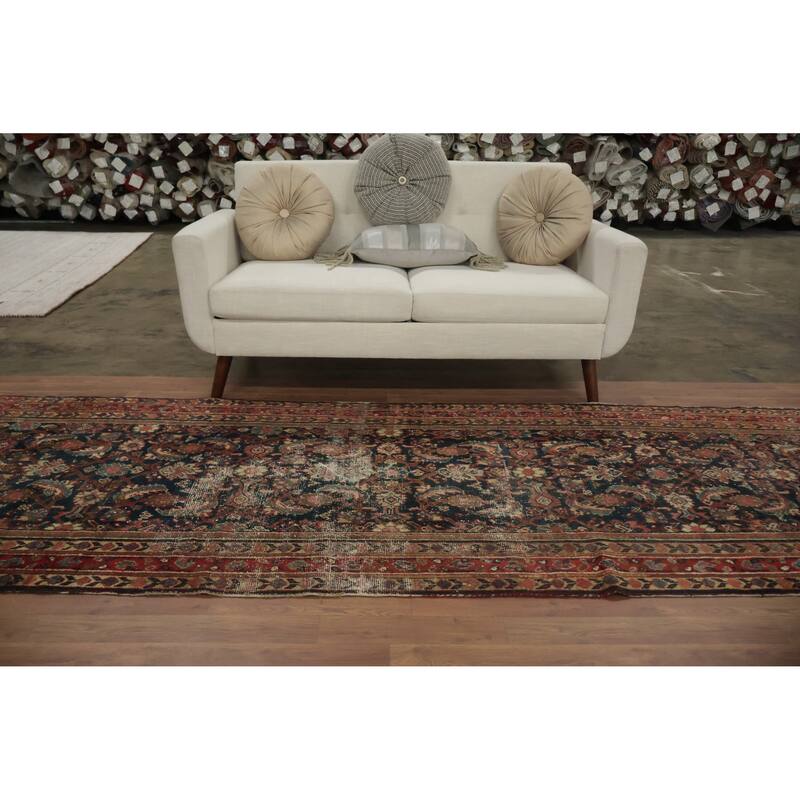 Hand Knotted Oriental 100% Wool Carpet Traditional Floral Navy Blue & Blues Malayer Runner Rug - 11' 4'' X 3' 7''