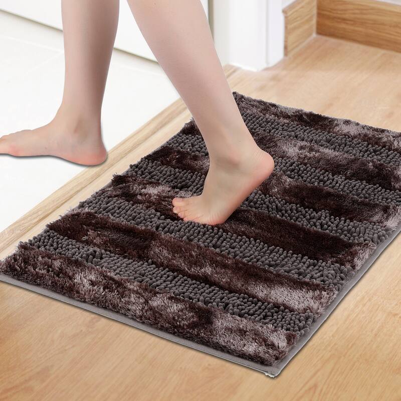 Striped Bathroom Mat Soft Fluffy Chenille Non Slip Absorbent Toilet Baths Rugs Home Gifts - Brown - 20" x 32"