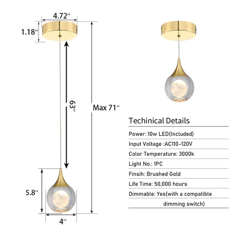 Moon Crystal 1-light Single Globe LED Hanging Pendant Light in Gold/ Chrome/Black/Coffee for Living Room