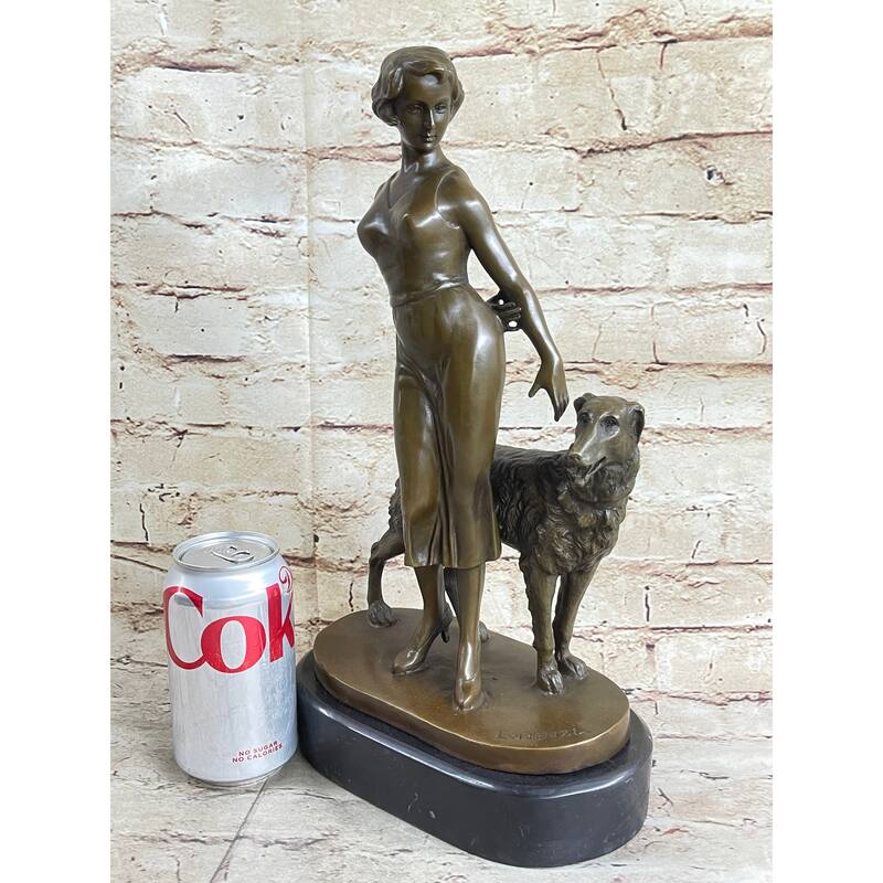 Art Deco Girl With Dog Bronze Statue Sculpture Figure Lorenzl 14 Inches X 8 Inches