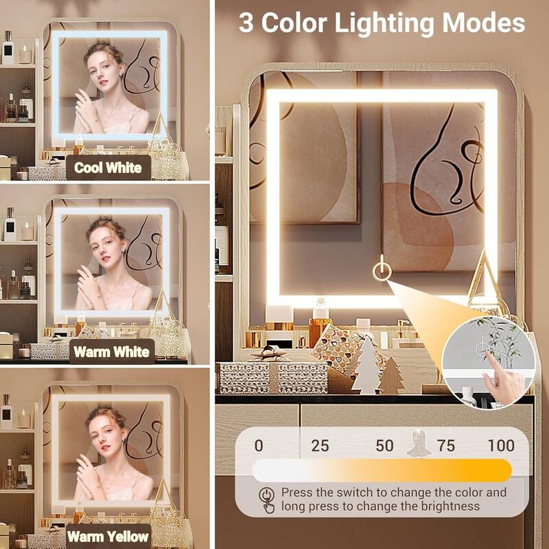 2 Drawers Makeup Vanity Table with LED Light Mirror and Charging Station