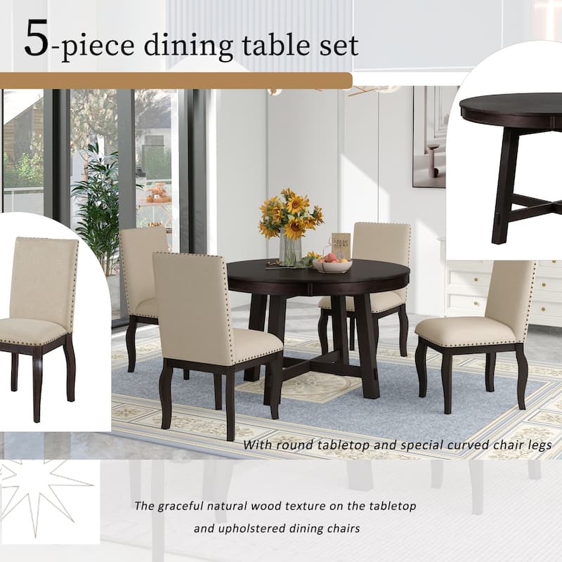 Farmhouse Dining Table Set of 5 with Wood Round Extendable Dining Table and 4 Upholstered Dining Chairs, Casual Coffee Table