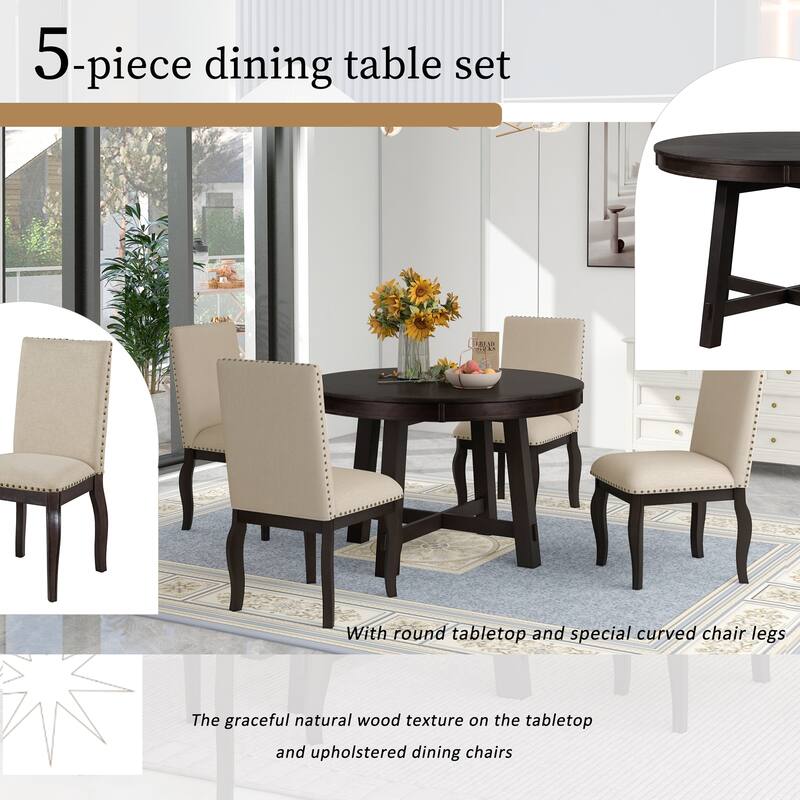 Modern 5-Piece Wooden Dining Table Set with Extendable Round Table & 4 Chairs