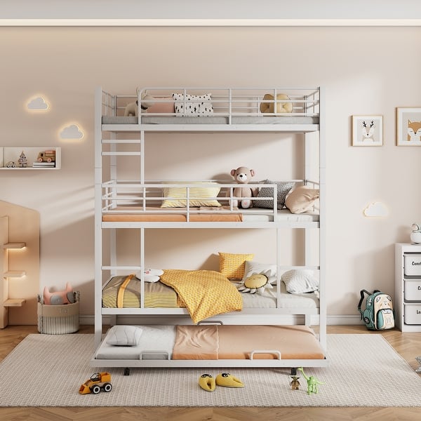 slide 2 of 19, Metal Twin Size Triple Bunk Bed with Trundle, No Box Spring Needed Antique White
