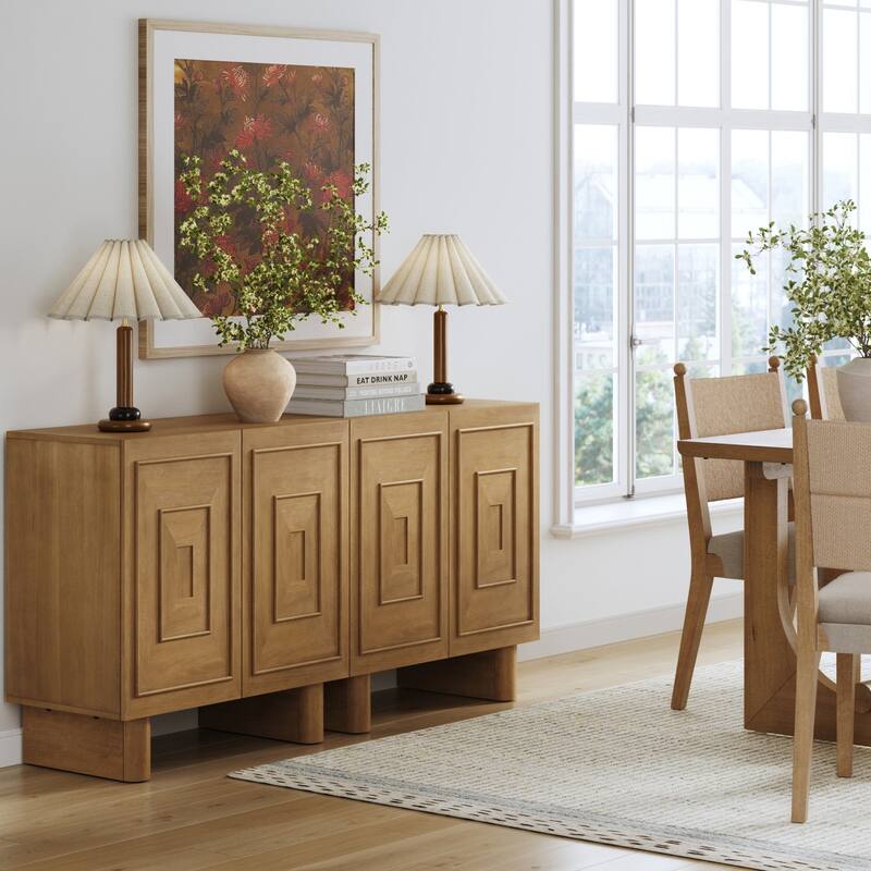 Austin Mid Century Modern Solid Wood Bar Cabinet or Dining Room Buffet with Geometric Doors