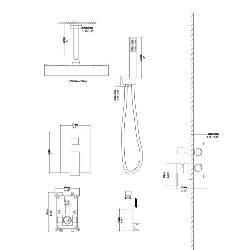 Topcraft 10-inch Ceiling Mount Square Shower System with Rough-in Valve - 10*10