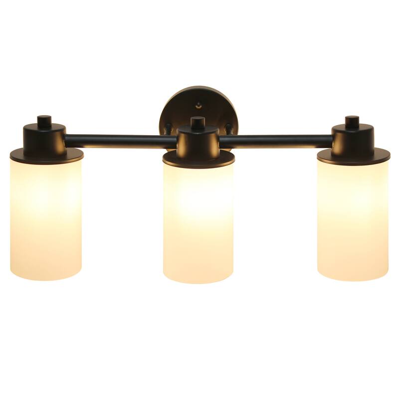 3-Light Vanity Light Fixture - Metal & Glass Shade Wall Sconce - Bathroom, Hallway, Entryway Lighting - Black Finish - 7.5
