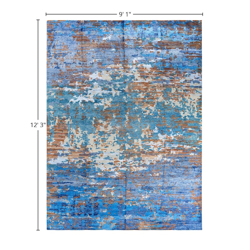 Modern One-of-a-Kind Hand-Knotted Area Rug - Navy, 9' 1" x 12' 3" - 9' 1" x 12' 3"