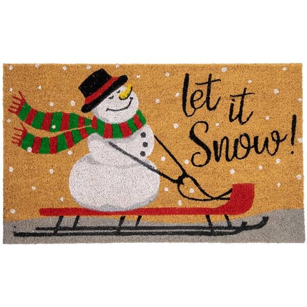 slide 2 of 6, Brown and White Snowman Let it Snow Rectangular Coir Christmas Doormat 18" x 30"
