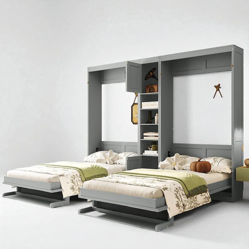 Dual Twin Murphy Wall Beds with Storage Cabinets and Open Shelves, Foldable Space-Saving Design for Small Rooms