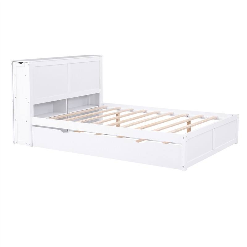 Wooden Storage Platform Bed with Bookcase Headboard, Full/Queen Bed Frame with Twin Size Trundle and Pull Out Shelves