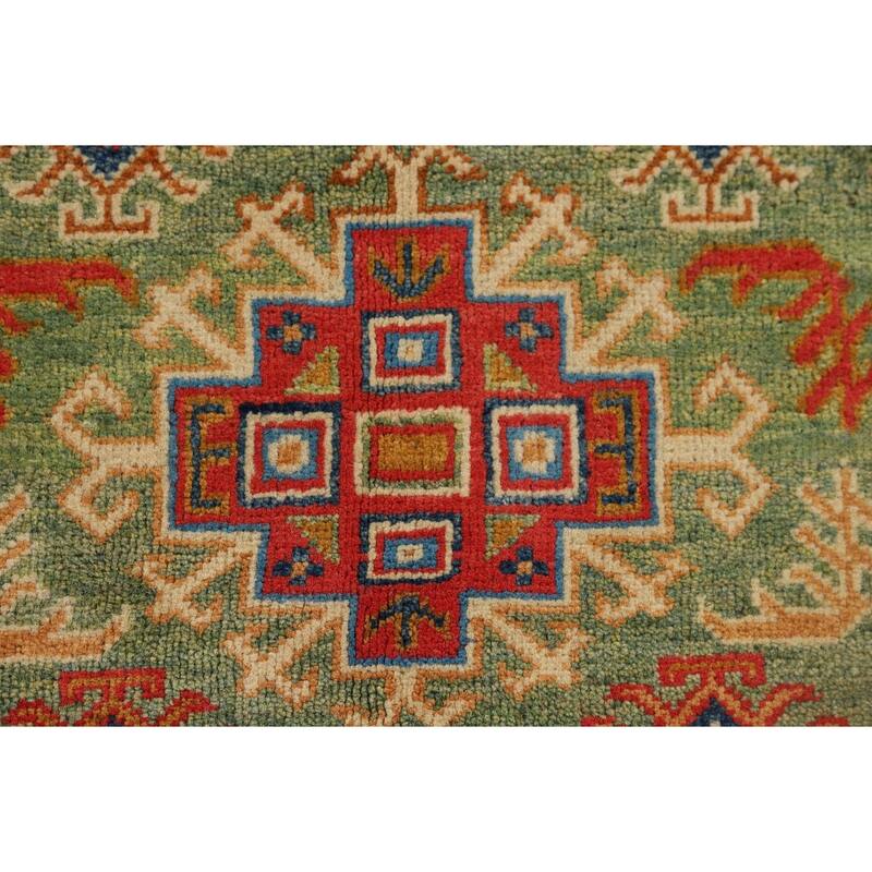 Light Green Kazak Oriental Accent Rug Handmade Wool Carpet - 3'2" x 4'11"
