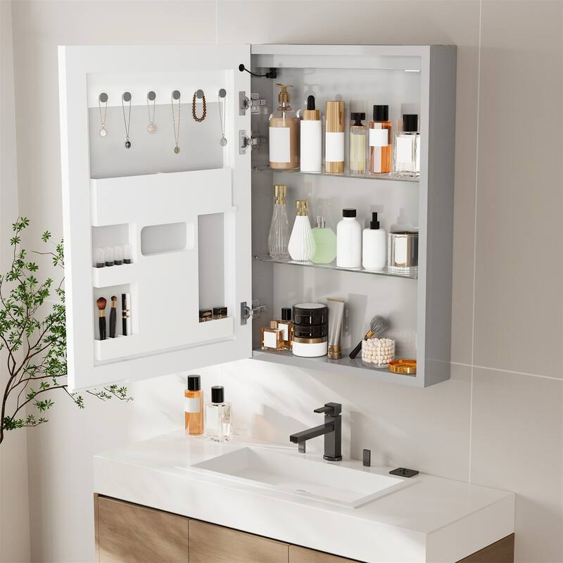 Wall Mounted Medicine Cabinet Bathroom Cabinet Jewelry Organizer with Bluetooth Dual Speakers Adjustable Glass Shelves