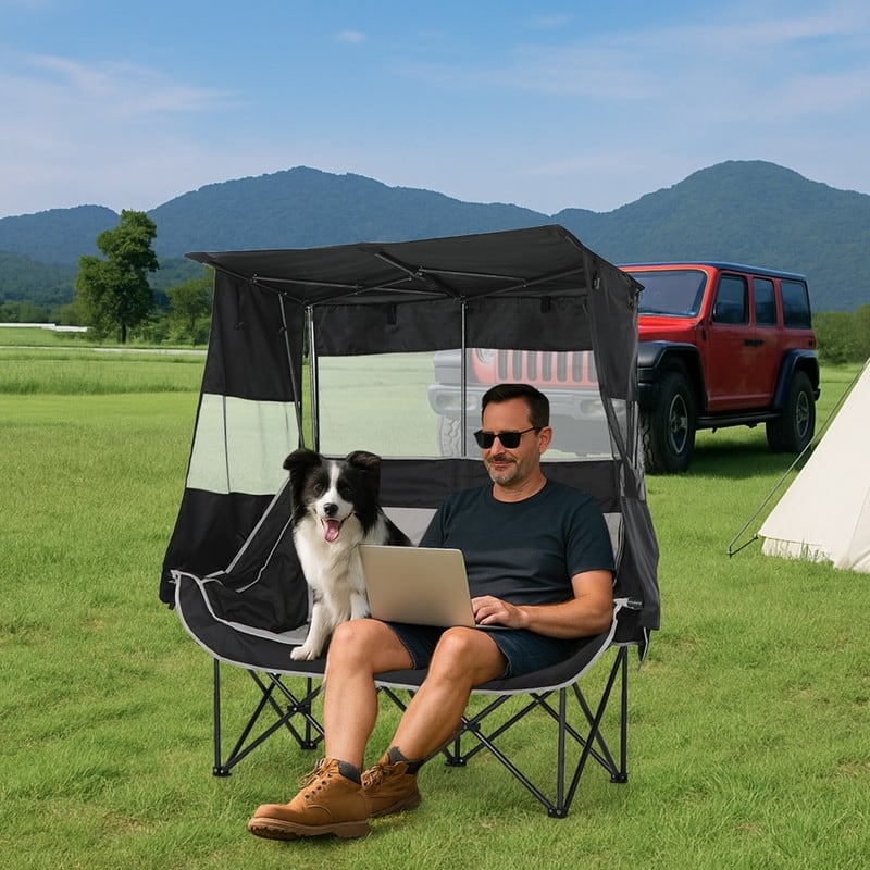 Double Folding Camping Loveseat with Canopy, Cooler, Cup Holders & Storage for Outdoor Activities
