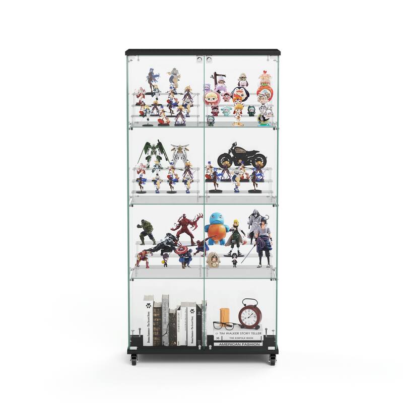 4 Tier Glass Display Cabinet, Double Door Glass Cabinet with Two Locks, Floor Standing Storage Cabinet with 6 Acrylic Shelves