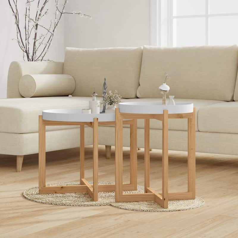 vidaXL Coffee Table 2 pcs Round End Table Accent Sofa Table Solid Wood Pine - 20.9" x 20.9" x 17.1" - White