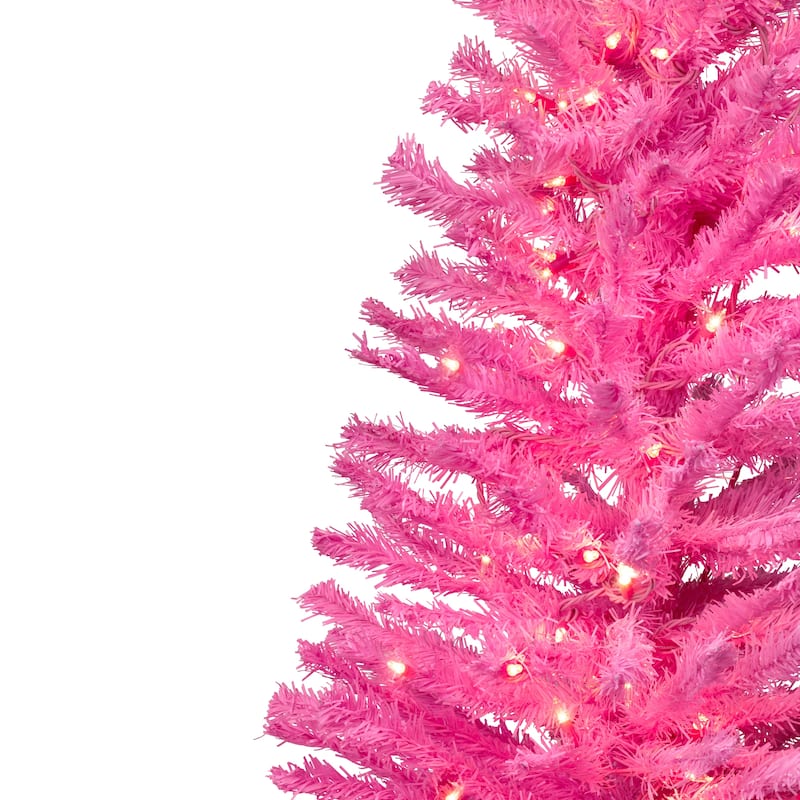 Pre-Lit Medium Artificial Pine Christmas Tree - 4' - Pink - Clear Lights - 4 Foot