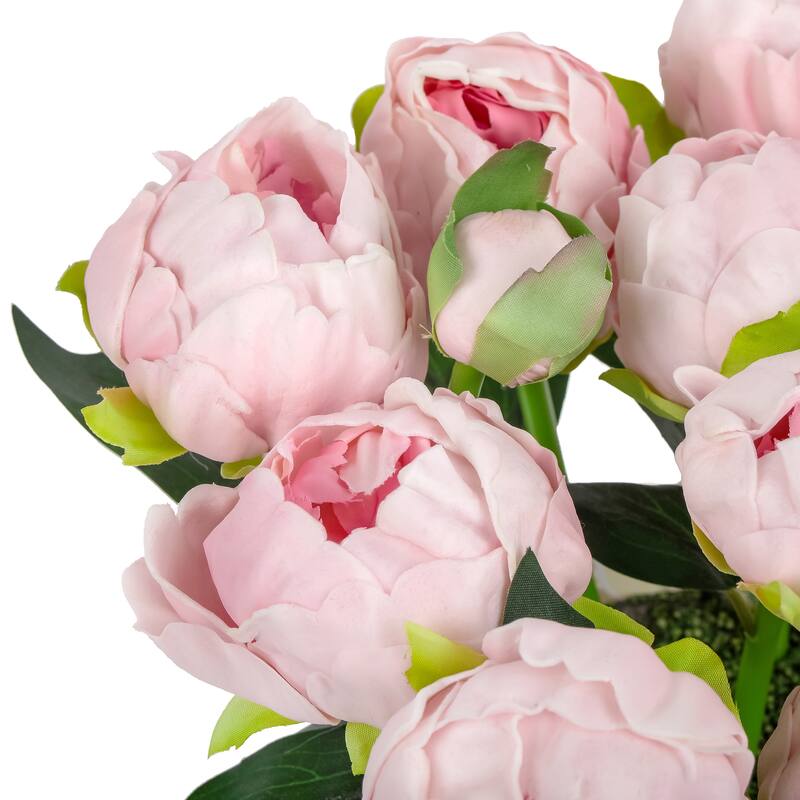 National Tree Company 10 in. Light Pink Peony Flower Bouquet in White Basket - 10 in
