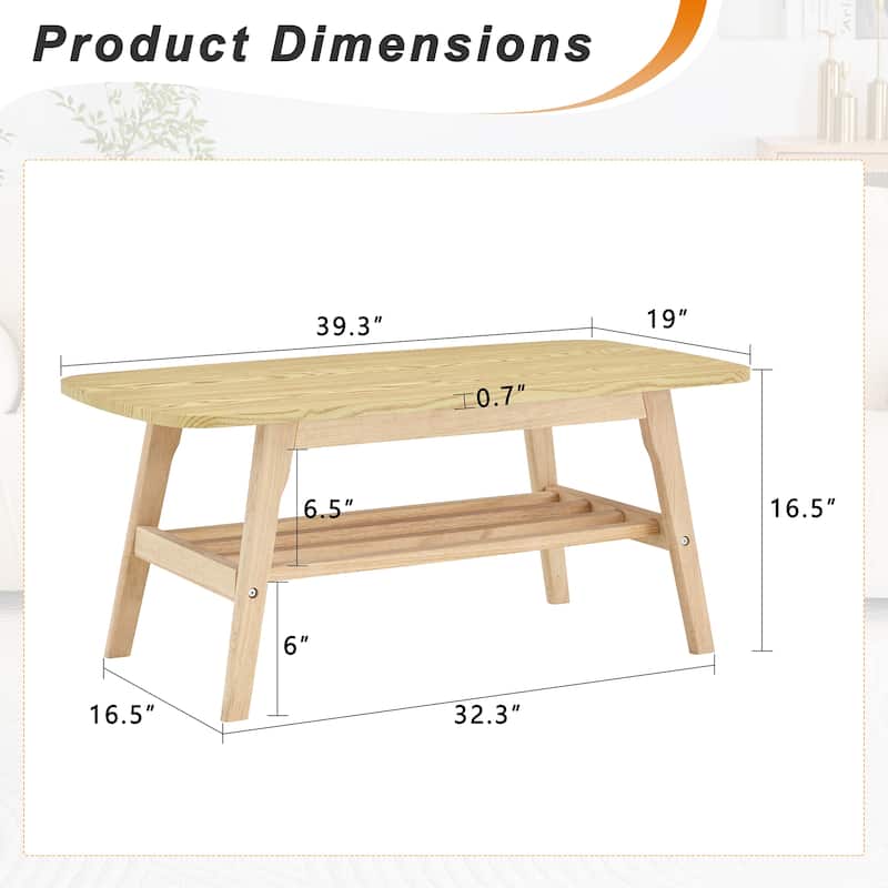 Solid Wood Coffee Table - 2-Tier Wooden Center Coffee Table with Storage Shelf for Living Room, Apartment, and Office