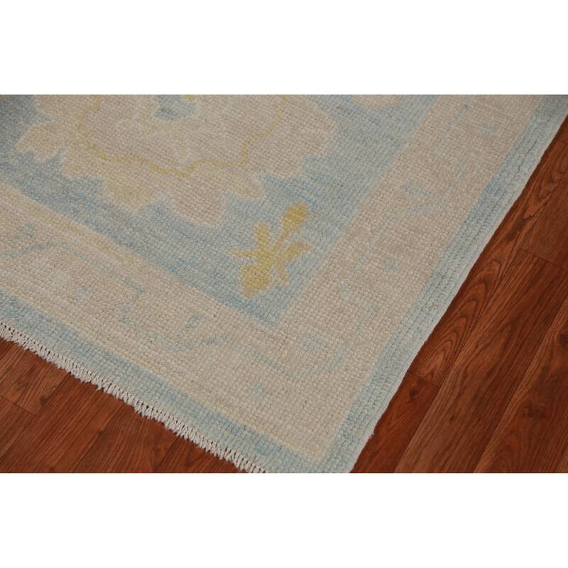 Hand Knotted Oriental 100% Wool Carpet Transitional Floral Navy Blue & Blues Oushak Runner Rug - 13' 6'' X 3' 4''