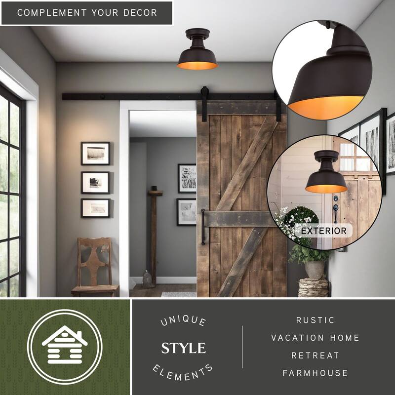 Cody Oil Rubbed Bronze and Light Gold Farmhouse Outdoor Flush Mount Ceiling Light - 10.25-in W x 8.75-in H x 10.25-in D