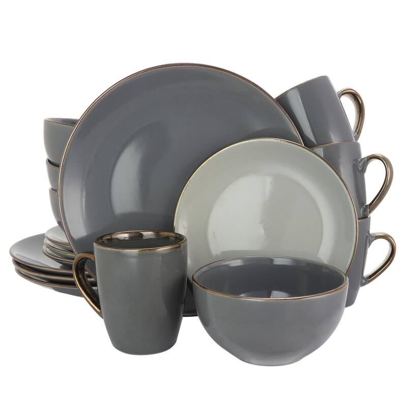 Elama Tahany Grand 16pc Luxurious Stoneware Dinnerware Set in Stone
